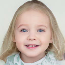 Joyful white child female with medium  brown hair and blue eyes