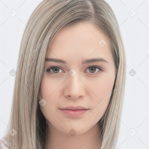 Neutral white young-adult female with long  brown hair and brown eyes