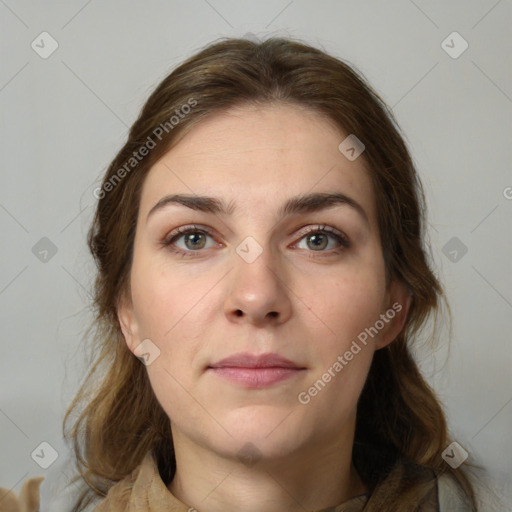 Neutral white young-adult female with medium  brown hair and brown eyes