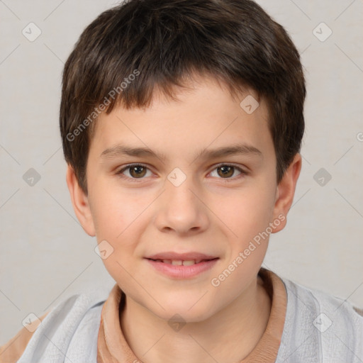 Joyful white child male with short  brown hair and brown eyes