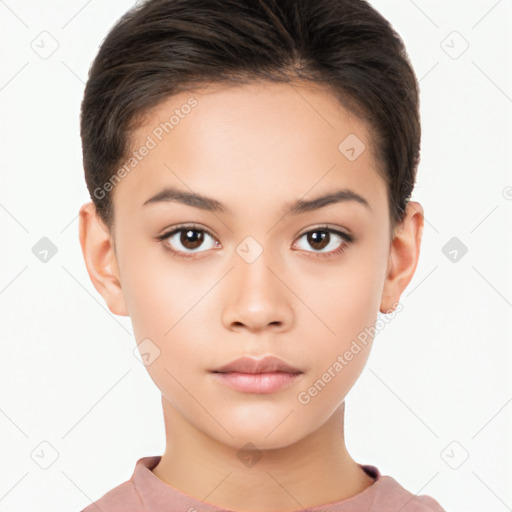 Neutral white young-adult female with short  brown hair and brown eyes