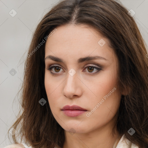 Neutral white young-adult female with long  brown hair and brown eyes