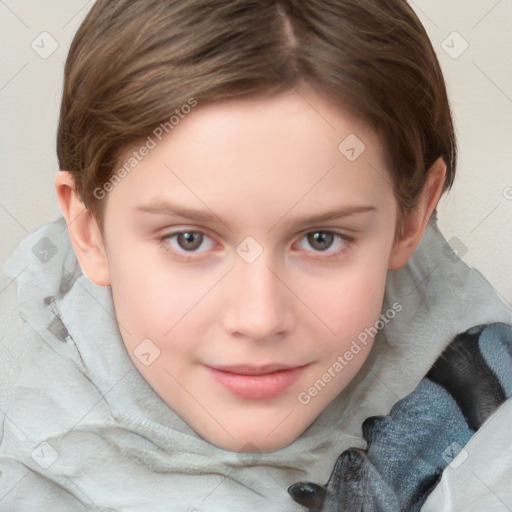 Joyful white child female with medium  brown hair and grey eyes