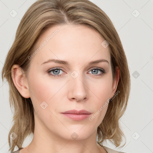 Neutral white young-adult female with medium  brown hair and grey eyes