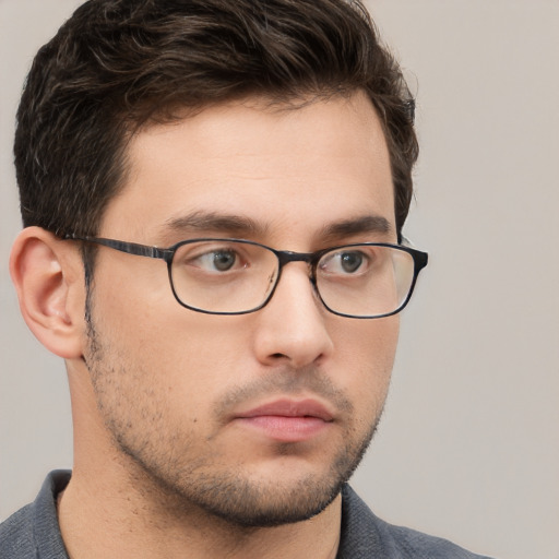 Neutral white young-adult male with short  brown hair and grey eyes