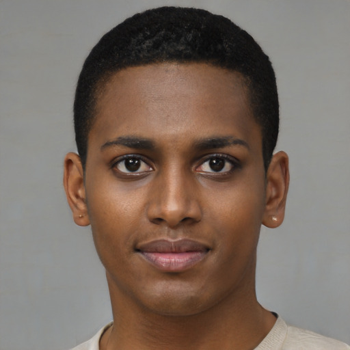 Joyful black young-adult male with short  black hair and brown eyes