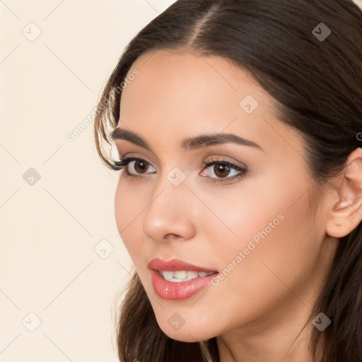 Neutral white young-adult female with long  brown hair and brown eyes