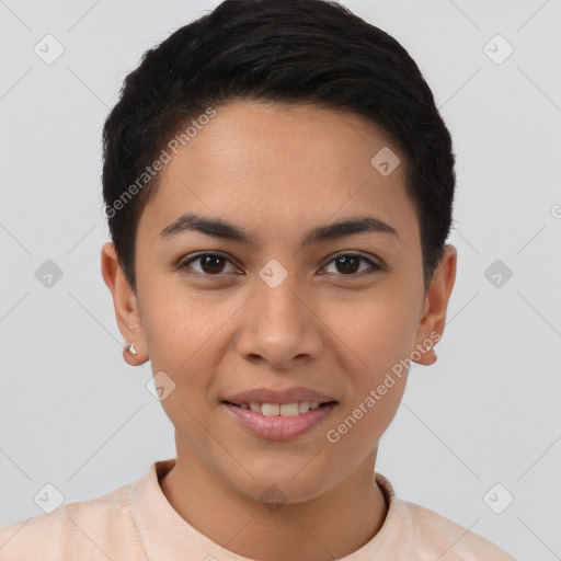 Joyful latino young-adult female with short  brown hair and brown eyes