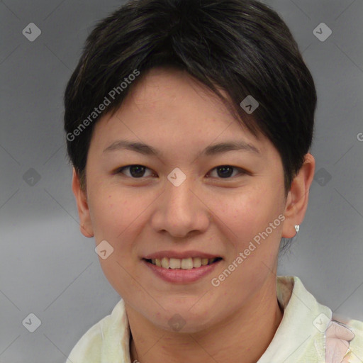 Joyful white young-adult female with short  brown hair and brown eyes