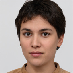 Neutral white young-adult female with short  brown hair and brown eyes