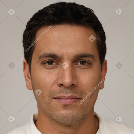 Neutral white young-adult male with short  brown hair and brown eyes