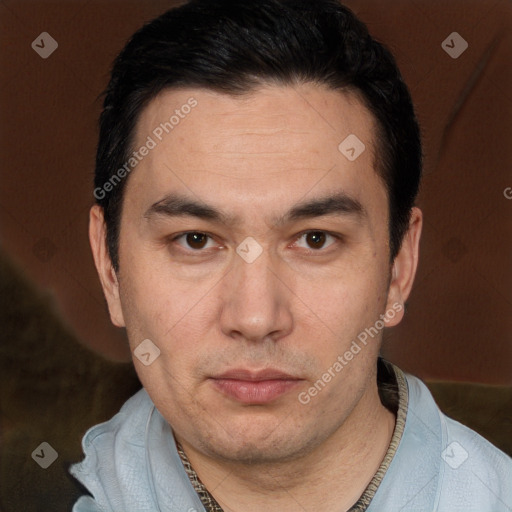 Neutral white adult male with short  black hair and brown eyes