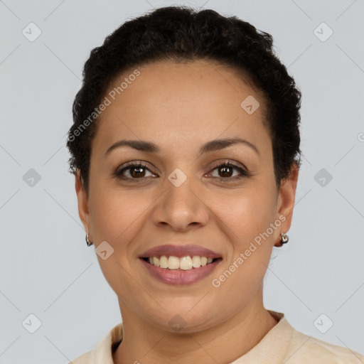 Joyful latino young-adult female with short  brown hair and brown eyes