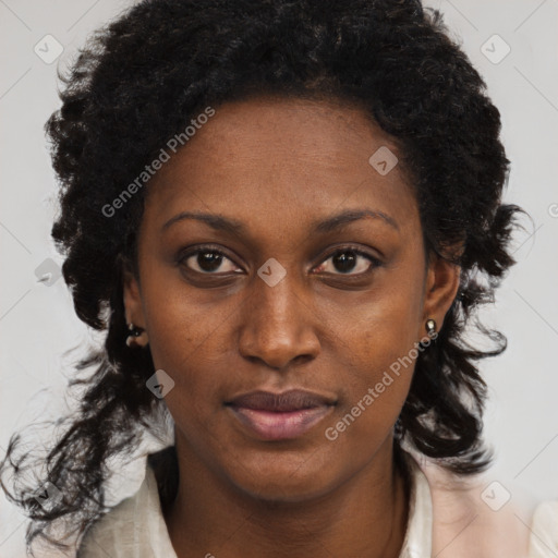 Neutral black young-adult female with medium  brown hair and brown eyes