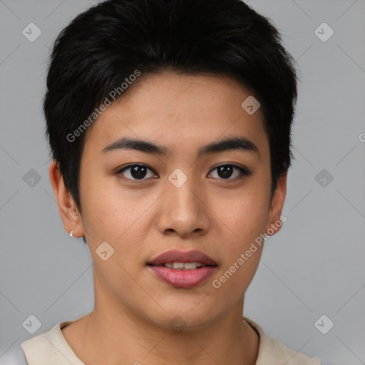 Joyful asian young-adult female with short  brown hair and brown eyes