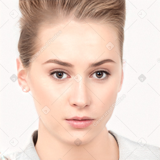 Neutral white young-adult female with short  brown hair and brown eyes