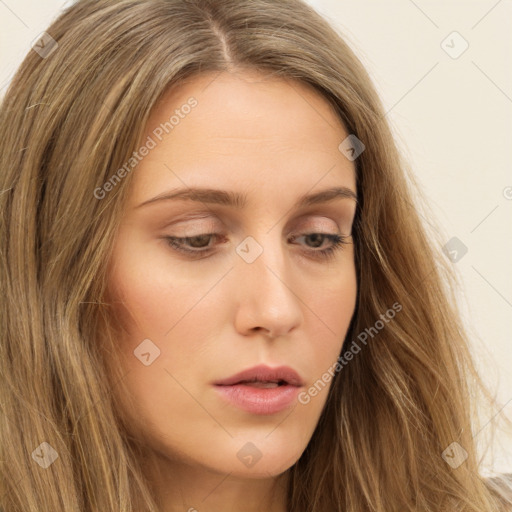 Neutral white young-adult female with long  brown hair and brown eyes