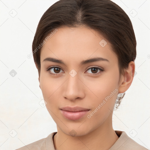 Neutral white young-adult female with medium  brown hair and brown eyes