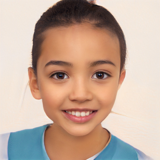 Joyful latino child female with short  brown hair and brown eyes