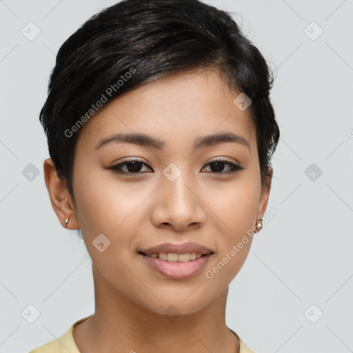 Joyful latino young-adult female with short  brown hair and brown eyes