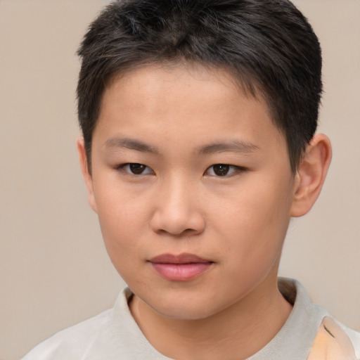 Joyful white child male with short  brown hair and brown eyes