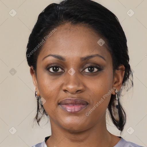 Joyful black young-adult female with medium  black hair and brown eyes