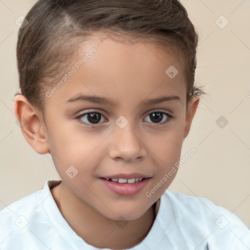 Joyful white child female with short  brown hair and brown eyes