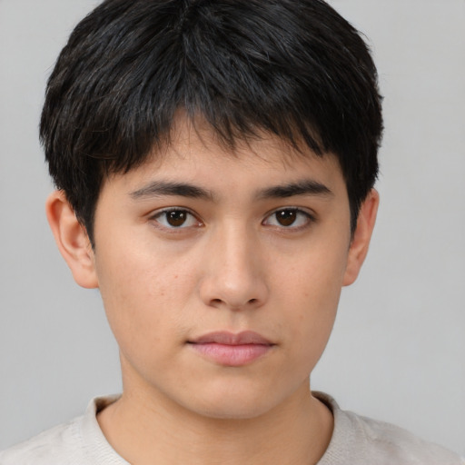 Neutral asian young-adult male with short  brown hair and brown eyes