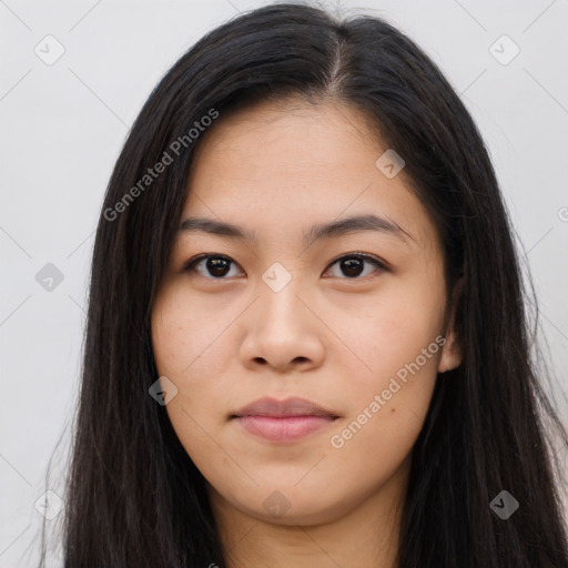 Neutral asian young-adult female with long  brown hair and brown eyes