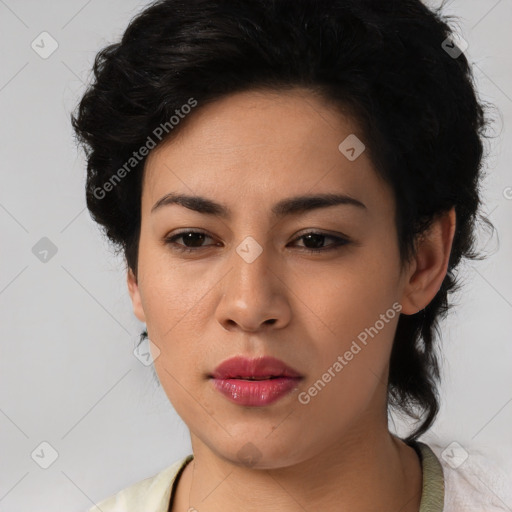 Neutral latino young-adult female with medium  black hair and brown eyes