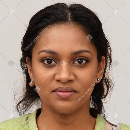 Joyful black young-adult female with medium  brown hair and brown eyes