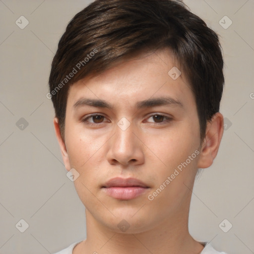 Neutral asian young-adult male with short  brown hair and brown eyes