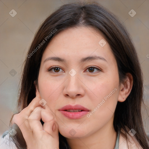 Joyful white young-adult female with medium  brown hair and brown eyes