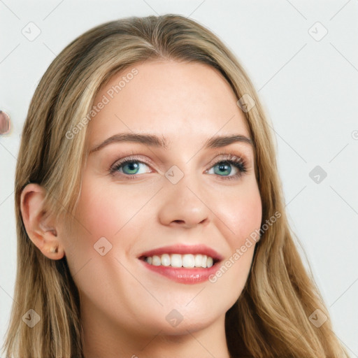 Joyful white young-adult female with long  brown hair and blue eyes