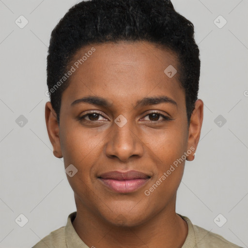 Joyful black young-adult female with short  black hair and brown eyes