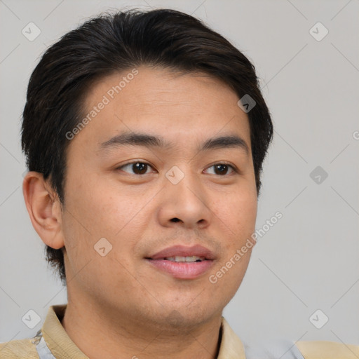 Neutral asian young-adult male with short  brown hair and brown eyes