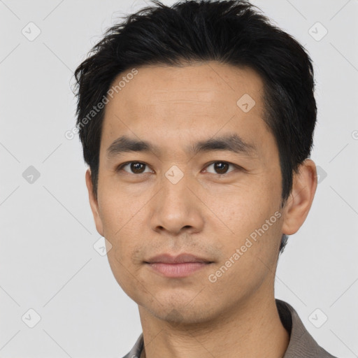 Neutral asian young-adult male with short  black hair and brown eyes