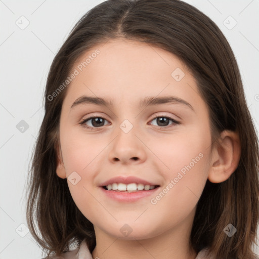 Joyful white child female with long  brown hair and brown eyes