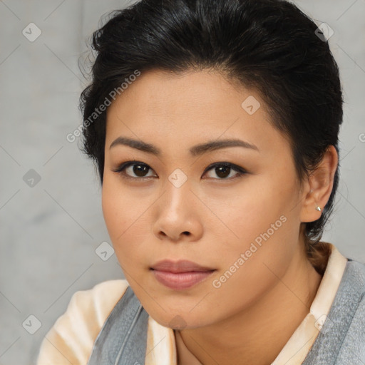 Neutral asian young-adult female with short  brown hair and brown eyes