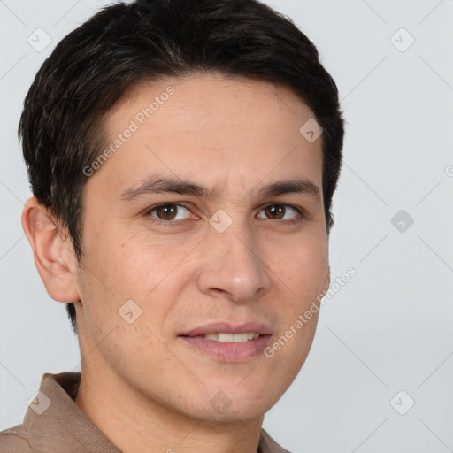 Joyful white adult male with short  brown hair and brown eyes