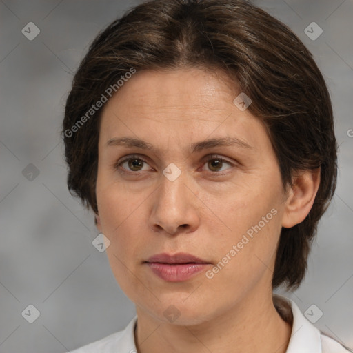 Neutral white adult female with medium  brown hair and brown eyes