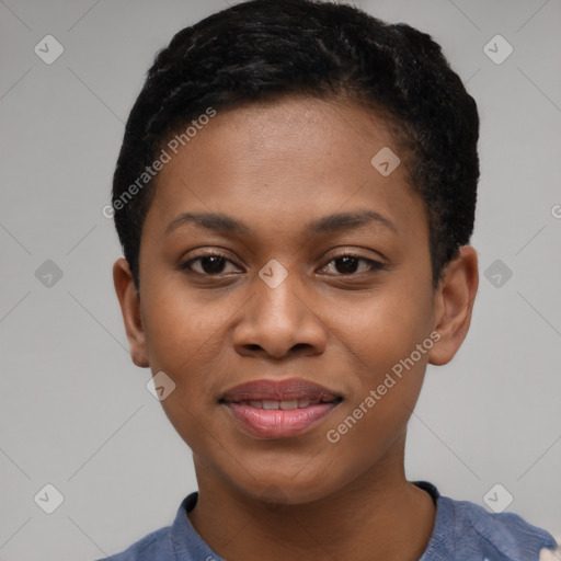 Joyful black young-adult female with short  black hair and brown eyes