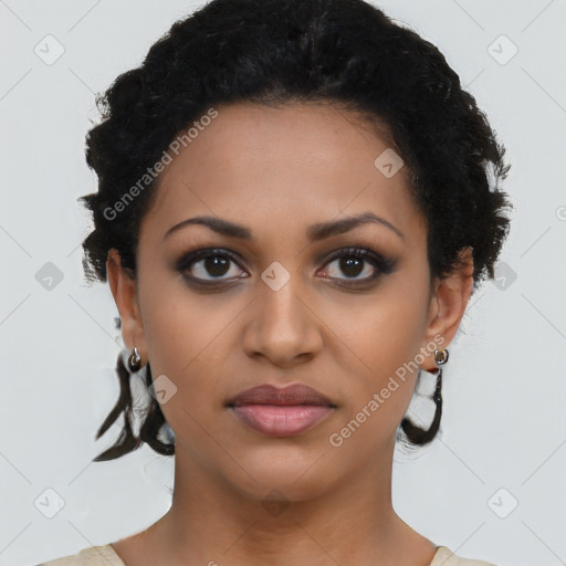 Joyful latino young-adult female with short  black hair and brown eyes