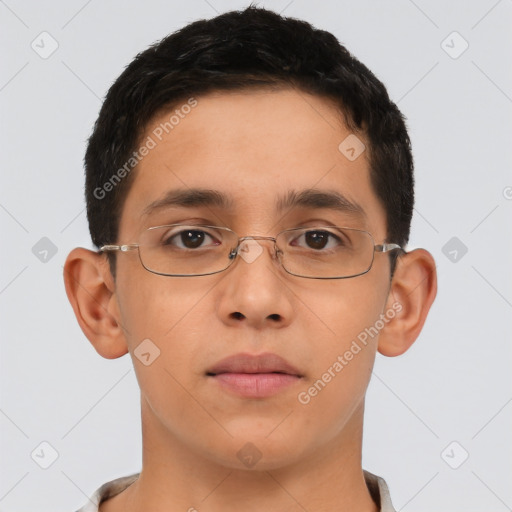 Neutral latino young-adult male with short  brown hair and brown eyes