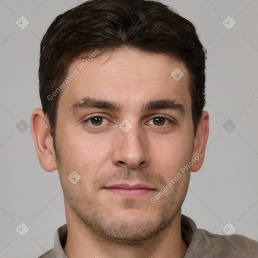 Neutral white young-adult male with short  brown hair and grey eyes