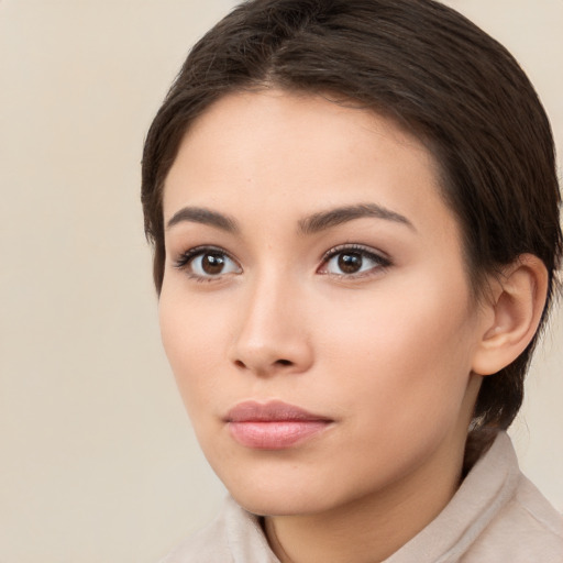 Neutral white young-adult female with medium  brown hair and brown eyes