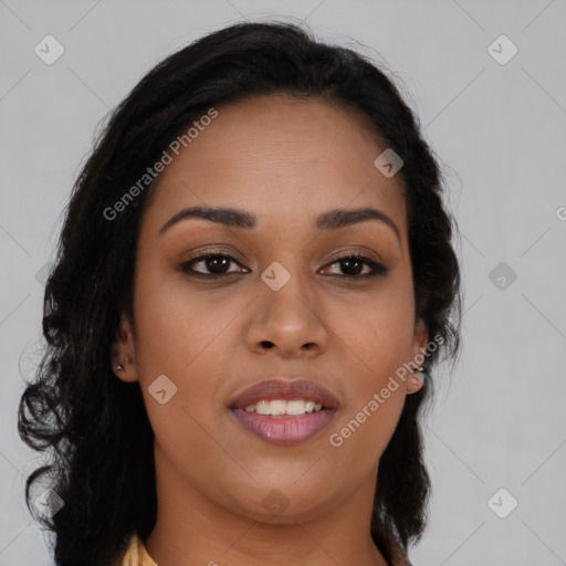 Joyful latino young-adult female with long  brown hair and brown eyes
