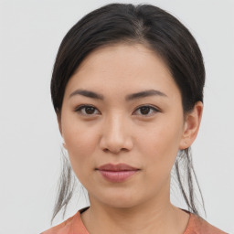 Neutral asian young-adult female with medium  black hair and brown eyes