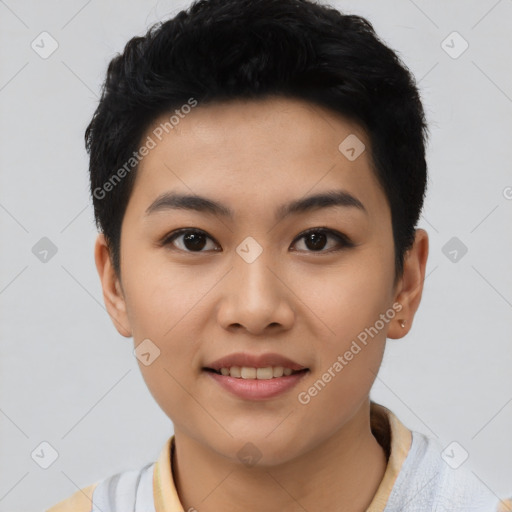 Joyful asian young-adult female with short  black hair and brown eyes