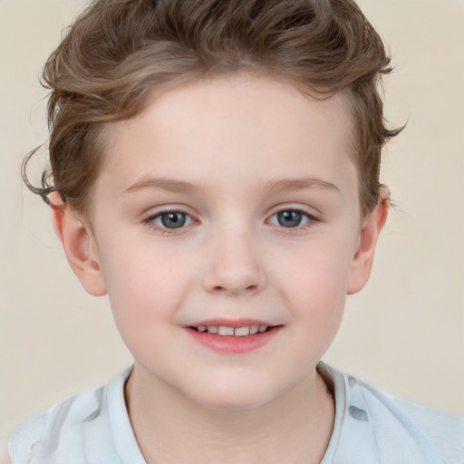 Joyful white child female with short  brown hair and grey eyes